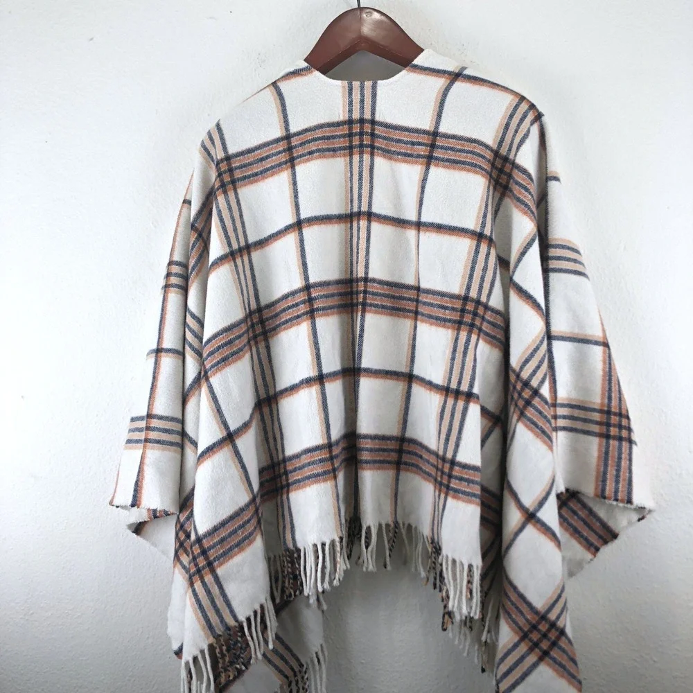 Made in Italy Maje Marengo Plaid Poncho Wrap Shawl Fringe Trim Cream Navy Orange